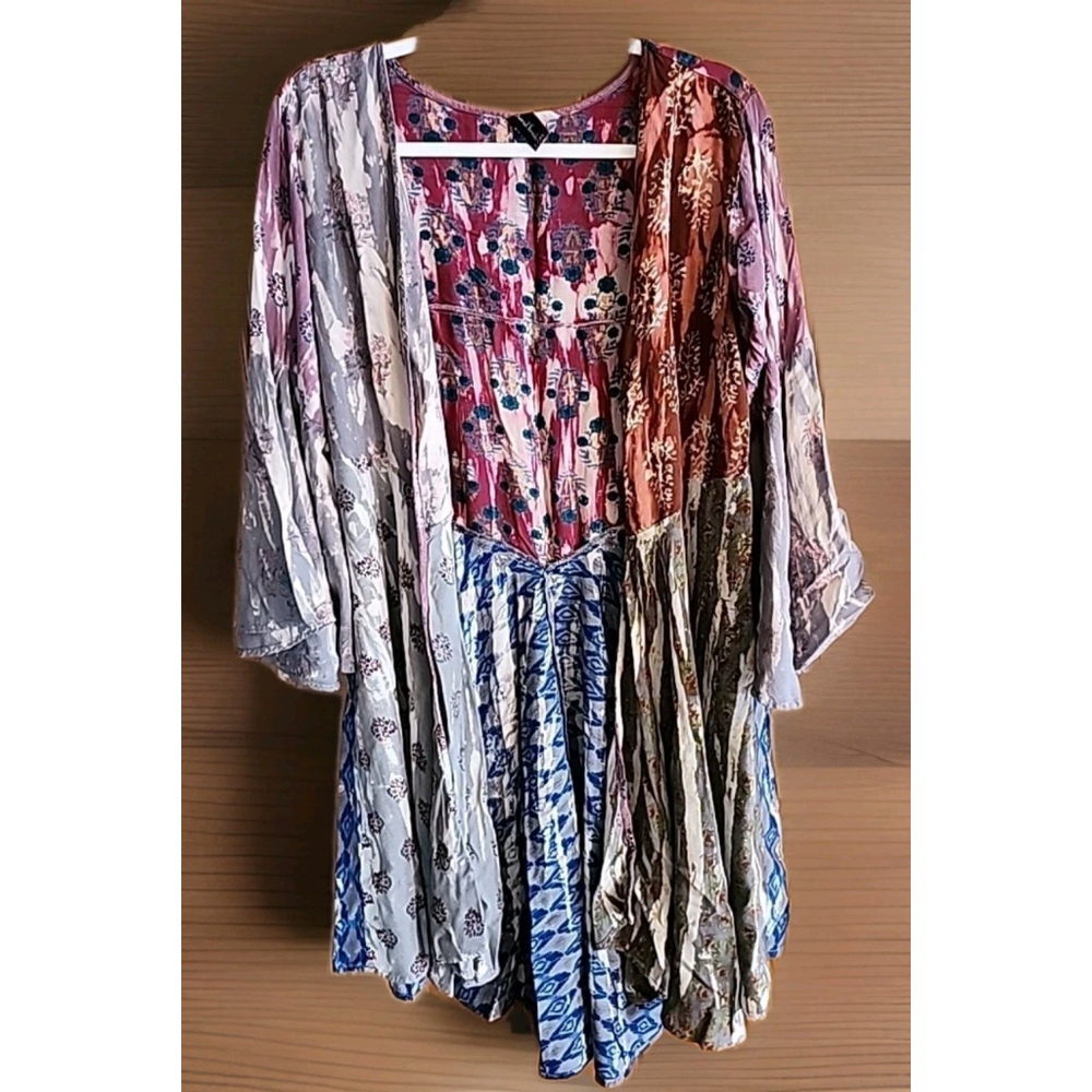 Sacred Threads Women's Large Patchwork Open Cardigan Boho Art Hippie L/XL B2